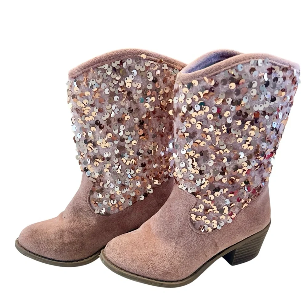 Girls Cowgirl Sequin Embellished Pink Ankle Boots